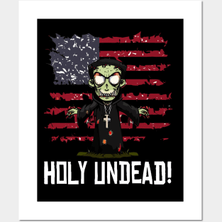 Scary Halloween Zombie Priest Preacher Happy 4th Usa American Flag July Fourth Posters and Art